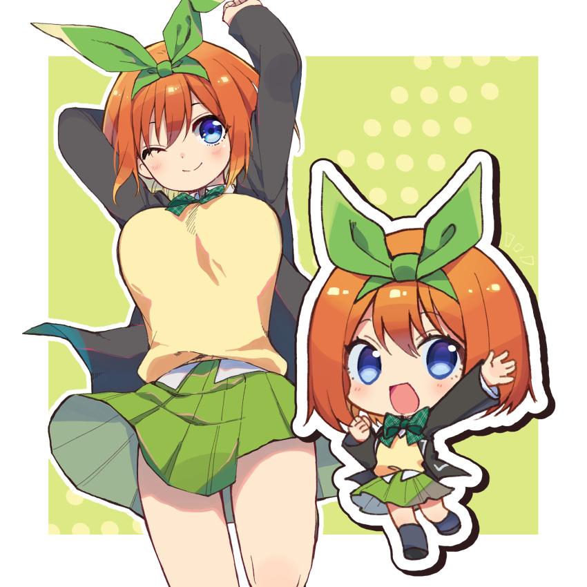 1girl, black_footwear, blue_eyes, blush, breasts, brown_hair, chibi, go-toubun_no_hanayome, green_headwear, grey_skirt, highres, large_breasts, looking_at_viewer, nakano_yotsuba, one_eye_closed, short_hair, skirt, smile, yomoi