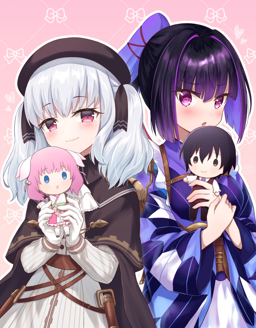 2girls, :x, bangs, beret, black_cloak, black_hair, blush, breasts