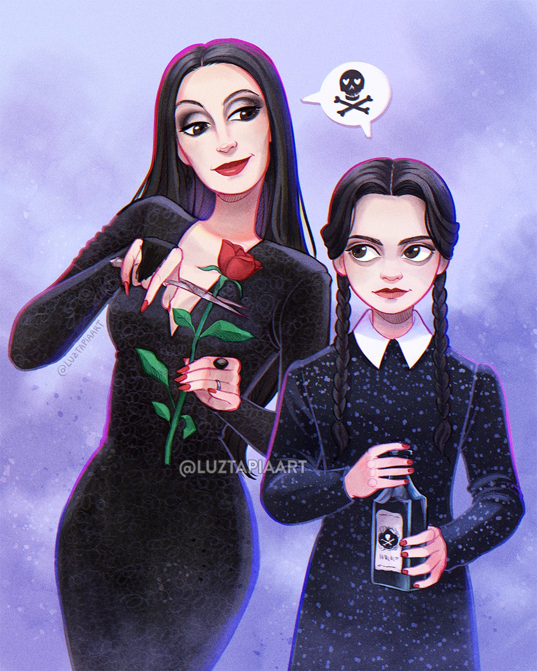 2girls, addams_family, black_dress, black_hair, bottle, dress, flower, highres, holding, holding_bottle, luztapiaart, morticia_addams, multiple_girls, purple_background, red_flower, red_rose, rose, secateurs, simple_background, watermark, wednesday_addams