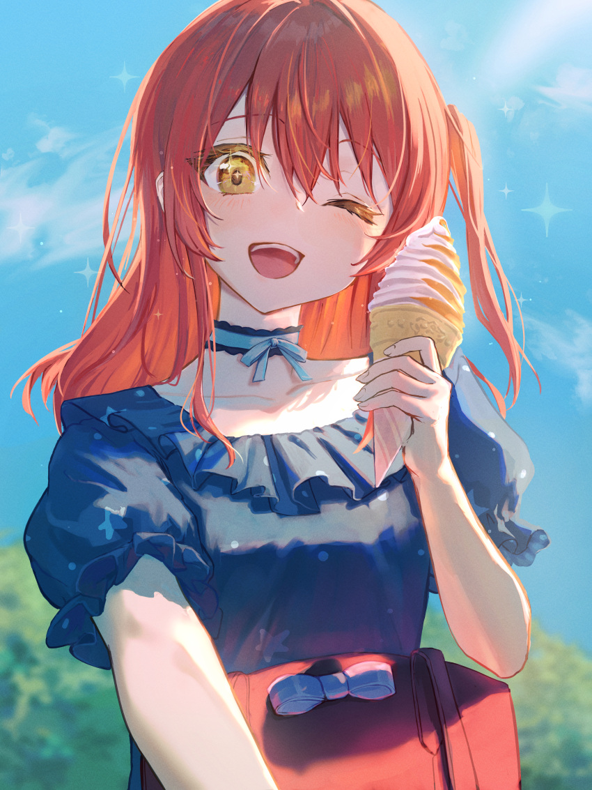1girl, ;d, absurdres, bangs, blue_dress, blue_sky, blurry, blurry_background