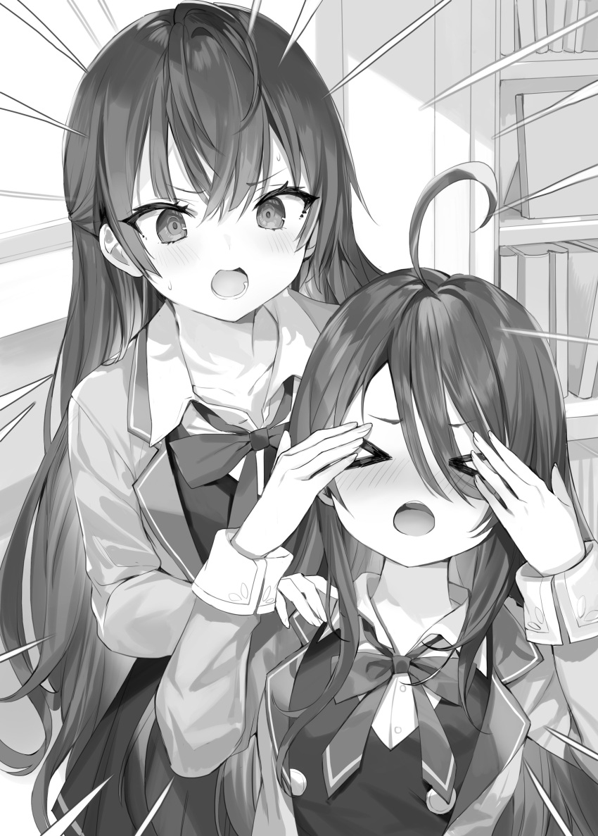 >_<, 2girls, absurdres, ahoge, bangs, blazer, blush, bookshelf