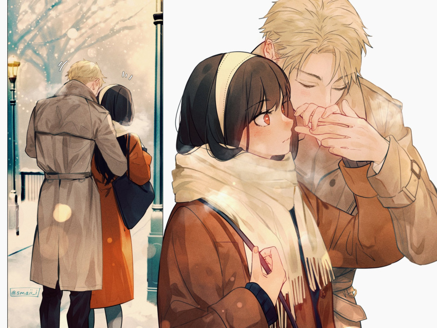 1boy, 1girl, artist_name, bangs, black_bag, black_hair, black_pants, blonde_hair