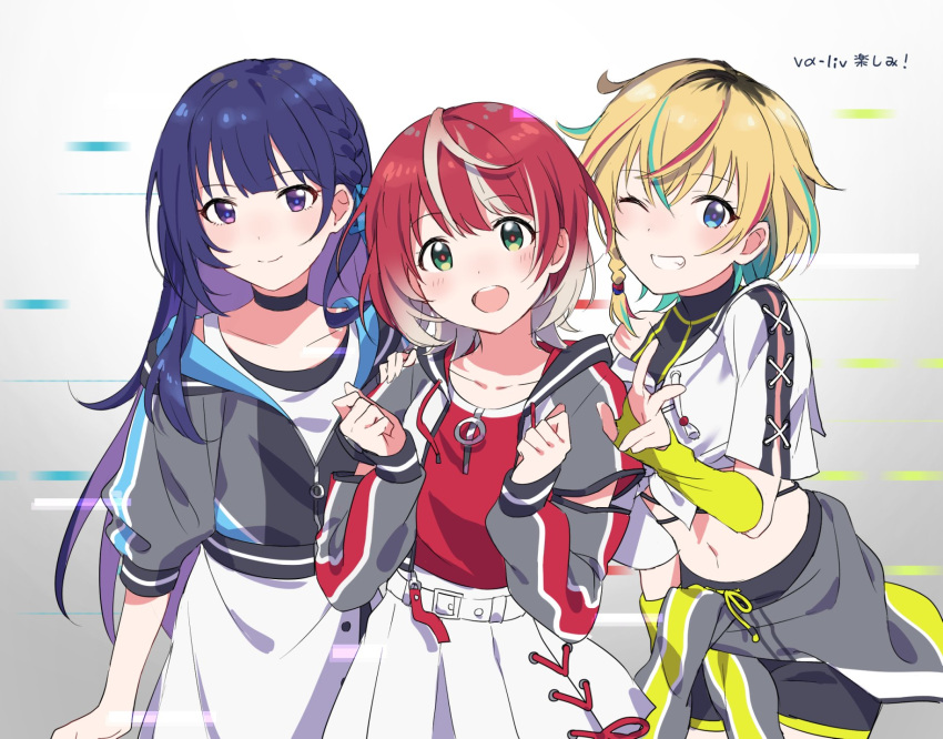3girls, bangs, belted_skirt, black_shirt, black_shorts, blonde_hair, blue_eyes, blue_hair