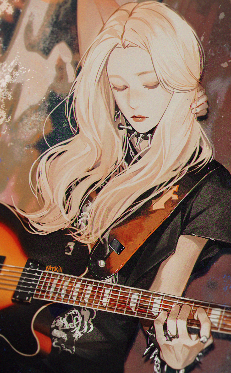1girl, adjusting_hair, artist_name, black_choker, black_shirt, blonde_hair, bracelet, choker