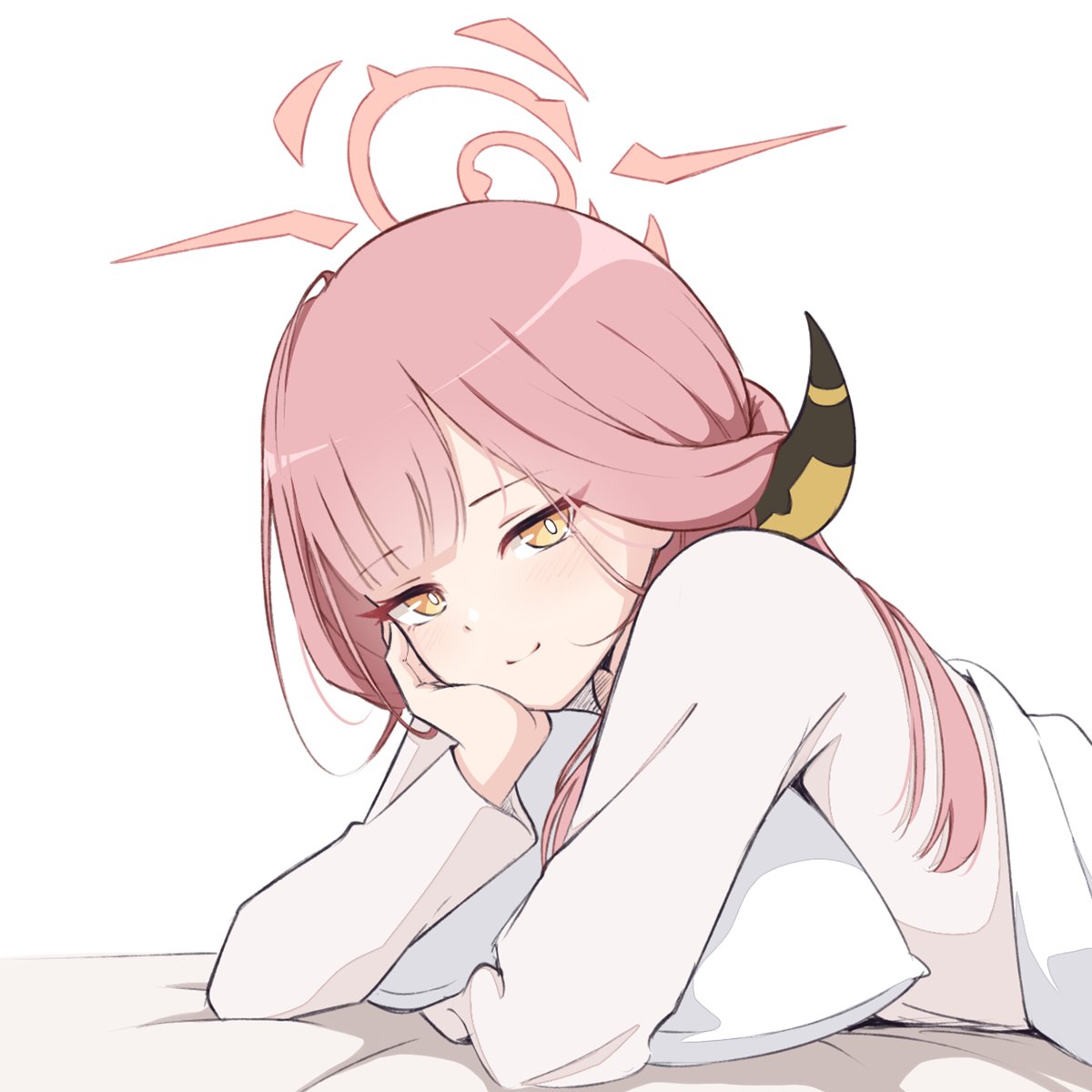 1girl, aru_(blue_archive), blanket, blue_archive, bright_pupils, cheek_rest, closed_mouth, halo