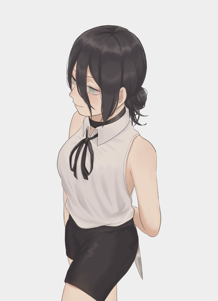 1girl, absurdres, arms_behind_back, black_choker, black_hair, black_ribbon, black_shorts, chainsaw_man