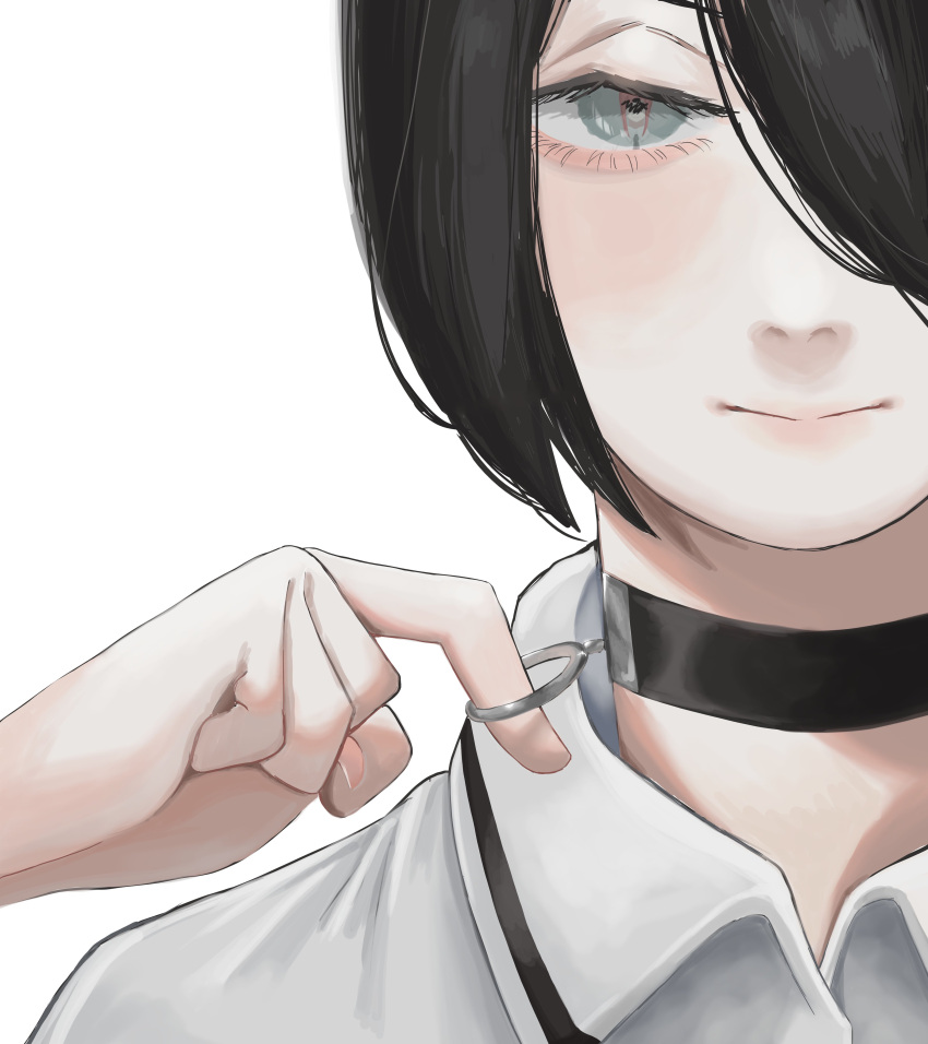 1girl, absurdres, black_choker, black_hair, chainsaw_man, choker, collared_shirt, eye_reflection, grenade_pin, hair_between_eyes, highres, looking_at_viewer, makima_(chainsaw_man), reflection, reze_(chainsaw_man), shirt, short_hair, simple_background, smile, solo, white_background, white_shirt, yuuwaku06