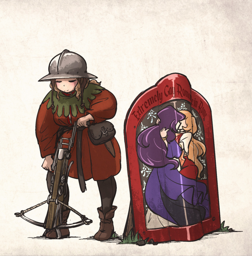 1girl, armor, bangs, belt, blonde_hair, boots, centurii-chan_(artist), crossbow, crossbow_bolt, full_body, gambeson, highres, kettle_helm, kiss, legate_(centurii-chan), long_hair, medieval, multiple_girls, original, praetorian_(centurii-chan), purple_hair, reloading, roman_clothes, shield, vanishlily, weapon, yuri