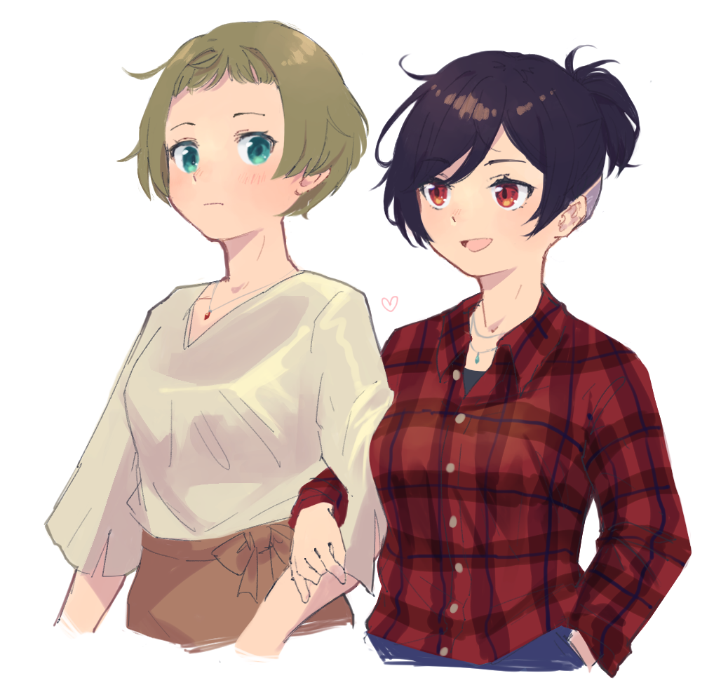2girls, :d, alternate_costume, aqua_eyes, aqua_gemstone, arm_hug, arms_at_sides, bangs