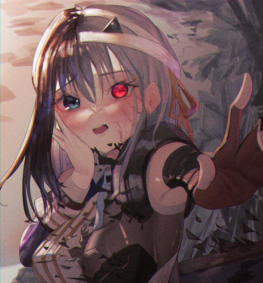 1girl, absurdres, armor, bangs, black_gloves, black_hair, blue_eyes, blue_necktie