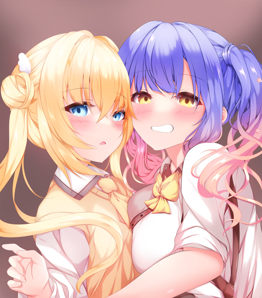 2girls, absurdres, bangs, blue_eyes, blue_hair, blunt_bangs, blush, bow