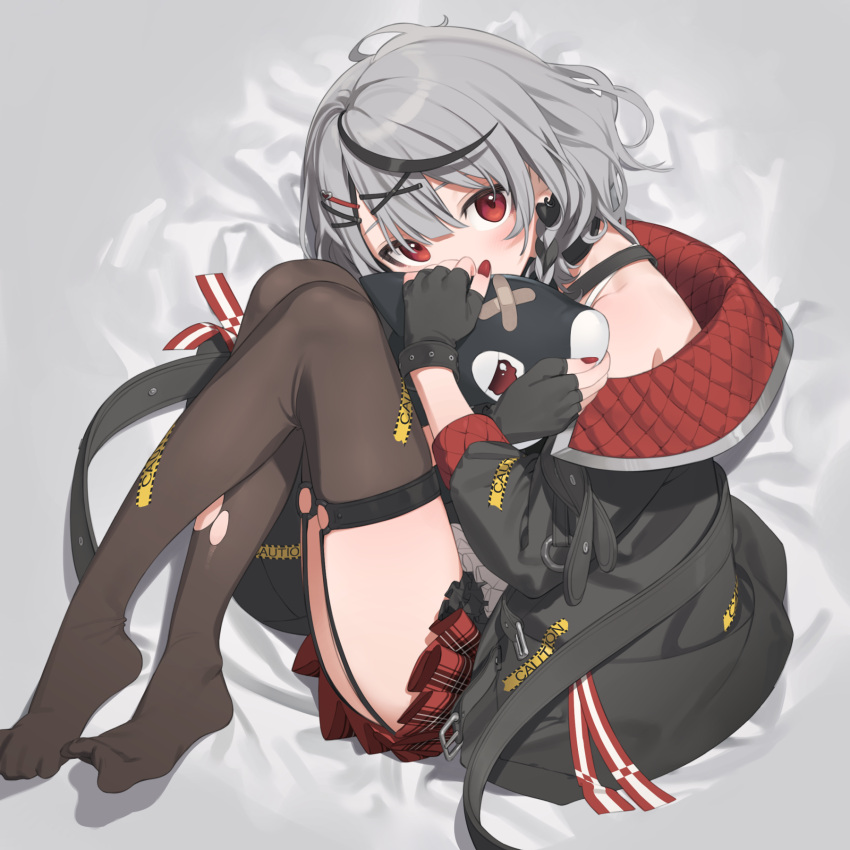1girl, black_collar, black_hair, camisole, caution_tape, collar, commentary, fingerless_gloves, garter_straps, gloves, grey_hair, hair_ornament, highres, hololive, kaniman, medium_hair, multicolored_hair, off-shoulder_jacket, off_shoulder, plaid, plaid_skirt, red_eyes, red_nails, sakamata_chloe, skirt, solo, streaked_hair, thigh-highs, virtual_youtuber, white_camisole, x_hair_ornament