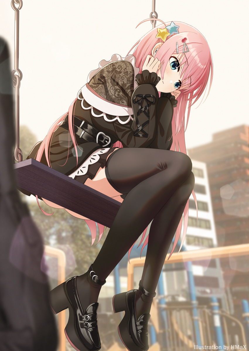1girl, absurdres, bangs, belt, black_dress, black_thighhighs, blue_eyes, blush
