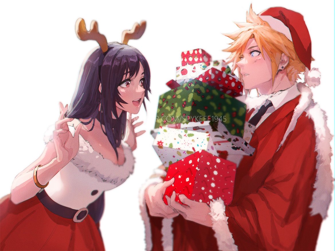 1boy, 1girl, antlers, bangs, belt, belt_buckle, black_hair, black_necktie