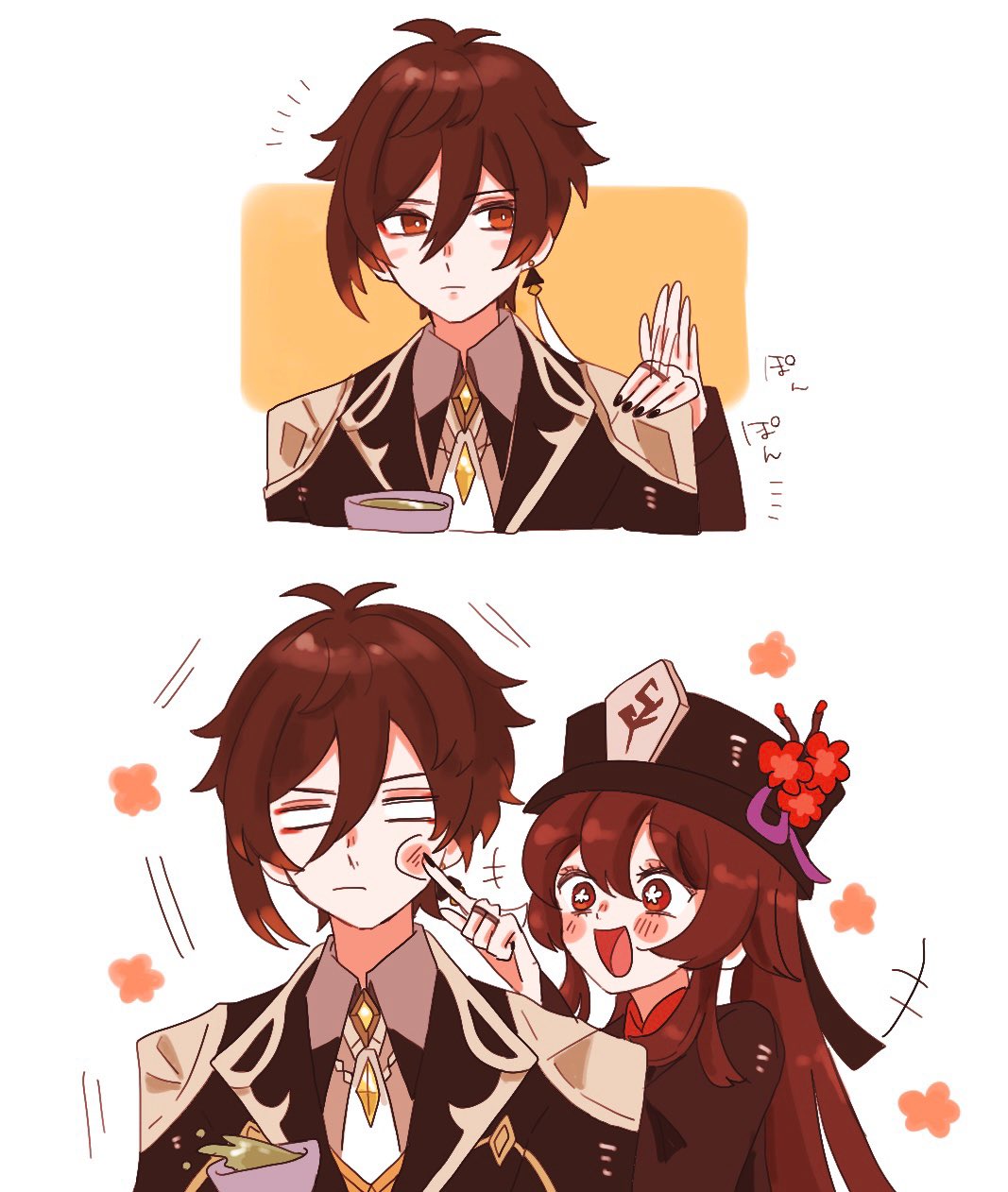 1boy, 1girl, :|, bangs, black_headwear, black_nails, blank_eyes, blush