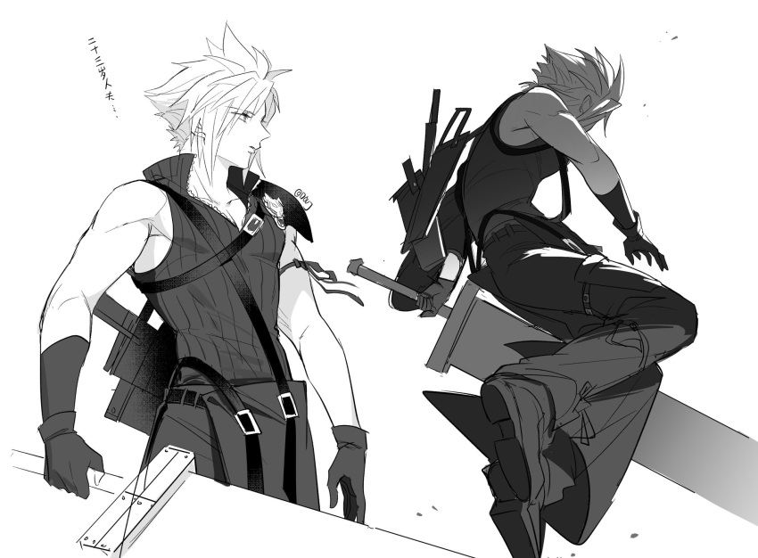 1boy, apron, arm_ribbon, armor, belt, cloud_strife, collarbone, duoj_ji, english_commentary, final_fantasy, final_fantasy_vii, final_fantasy_vii_advent_children, gloves, greyscale, high_collar, highres, holding, holding_sword, holding_weapon, huge_weapon, looking_to_the_side, male_focus, monochrome, multiple_belts, multiple_views, pants, ribbon, shoulder_armor, sleeveless, spiky_hair, sword, twitter_username, waist_apron, weapon, white_background