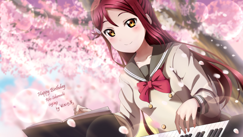 1girl, absurdres, bangs, blush, bow, bowtie, character_name, cherry_blossoms