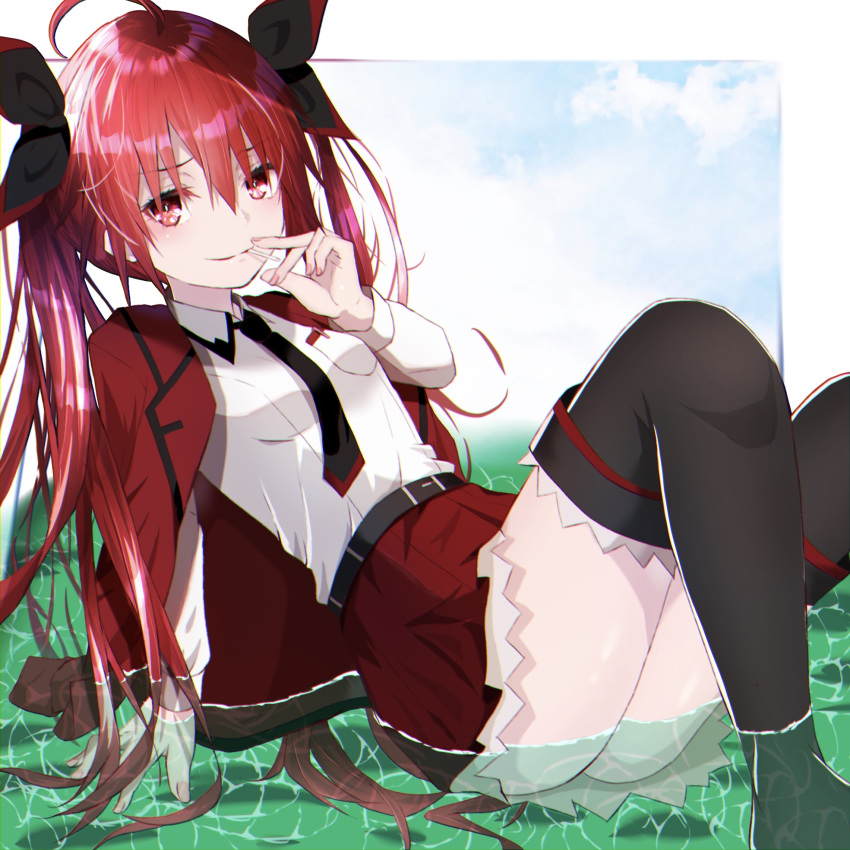 ahoge, arm_support, ass, bangs, belt, between_breasts, black_belt, black_necktie, black_ribbon, blue_sky, boots, breasts, candy, clouds, collar, dande_cat, date_a_live, eyelashes, fingernails, food, food_in_mouth, frilled_boots, frilled_skirt, frills, fringe_trim, furrowed_brow, hair_between_eyes, hair_ribbon, highres, in_water, itsuka_kotori, jacket, lollipop, long_hair, looking_at_viewer, lying, miniskirt, necktie, necktie_between_breasts, on_back, open_clothes, pleated_skirt, red_eyes, red_jacket, red_skirt, redhead, ribbon, shirt, sidelocks, skirt, sky, small_breasts, smile, smug, straight_hair, thigh_boots, thighs, twintails, uniform, very_long_hair, water, white_collar, white_shirt, zettai_ryouiki