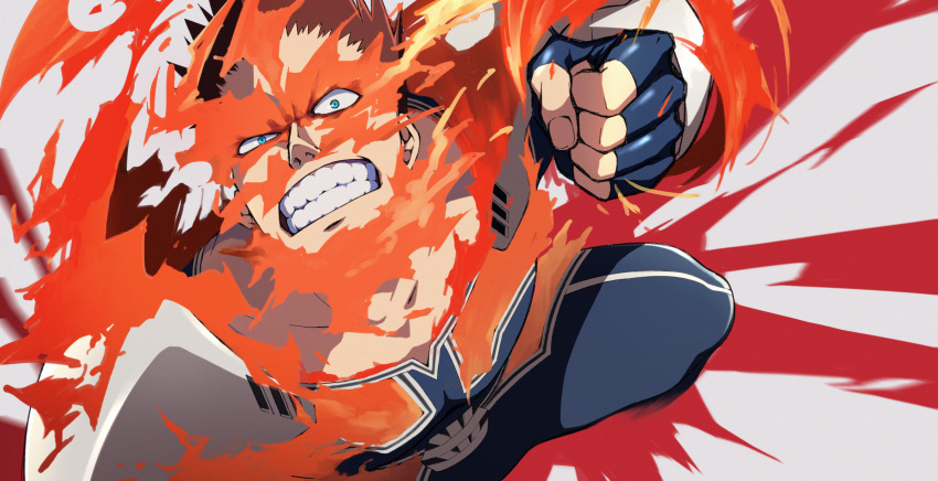 1boy, akiyama_(noconoco), aqua_eyes, black_gloves, bodysuit, boku_no_hero_academia, endeavor_(boku_no_hero_academia), fingerless_gloves, fire, flame, gloves, highres, looking_at_viewer, male_focus, muscular, muscular_male, redhead, scar, scar_across_eye, short_hair, solo, teeth