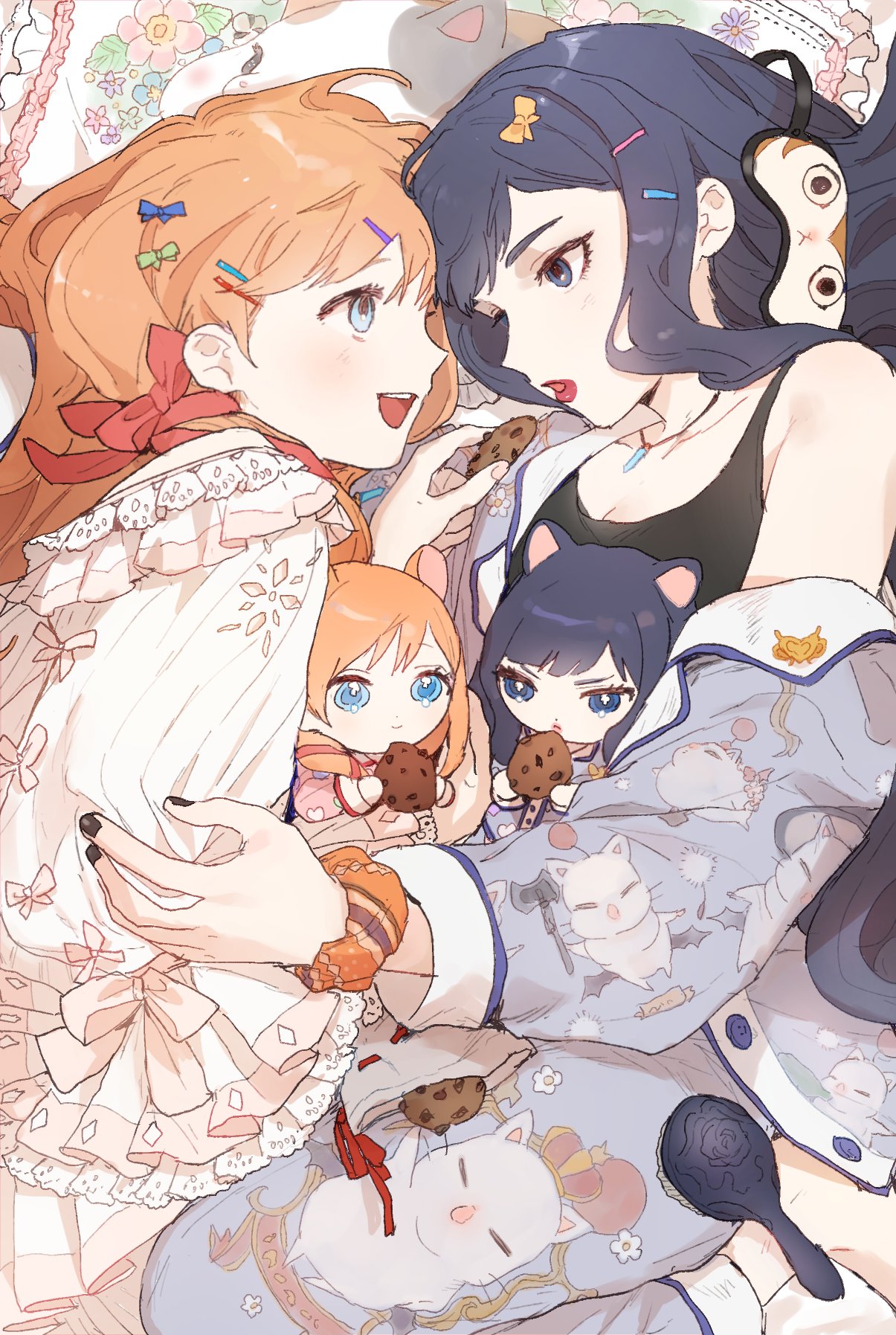 2girls, :d, alternate_costume, alternate_hairstyle, animal_ears, bangs, bare_shoulders, black_camisole