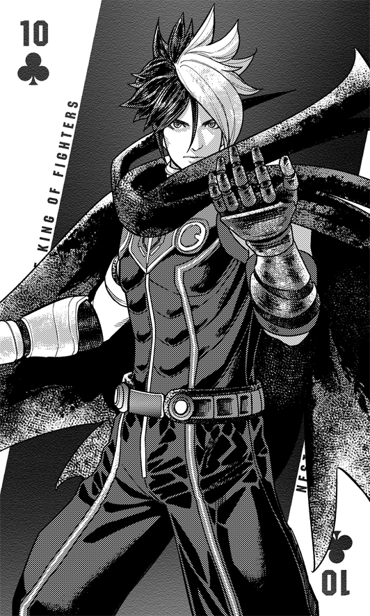 1boy, abs, baggy_pants, bare_shoulders, black_hair, card, cloak, club_(shape), fighting_game, looking_at_viewer, metal_gloves, monochrome, multicolored_hair, muscular, muscular_male, nameless_(kof), pants, playing_card, playing_card_theme, snk, spiky_hair, suyinliao, the_king_of_fighters, the_king_of_fighters_2002, two-tone_hair, white_hair