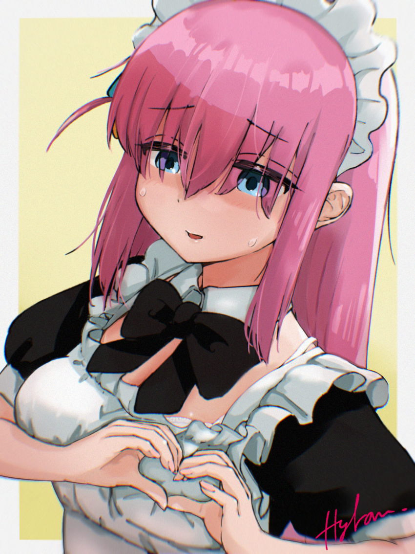 1girl, blue_eyes, bocchi_the_rock!, bra, bra_peek, bra_strap, commentary, finger_heart, gotou_hitori, highres, hylran0427, long_hair, maid, maid_headdress, moe_moe_kyun!, pink_hair, solo, sweat, underwear, upper_body
