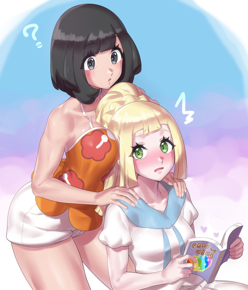 2girls, between_breasts, black_eyes, black_hair, blonde_hair, braid, breasts, floral_print