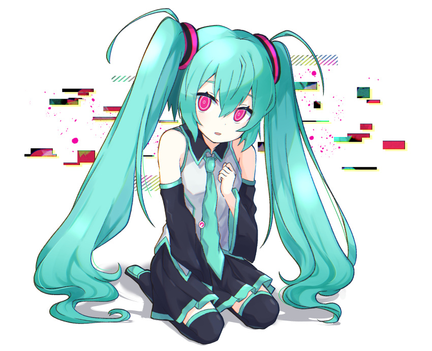 1girl, absurdres, aisarenakute_mo_kimi_ga_iru_(vocaloid), aqua_hair, aqua_necktie, between_legs, black_footwear, black_skirt, black_sleeves, boots, clenched_hand, colored_skin, detached_sleeves, dot_nose, full_body, grey_shirt, hair_between_eyes, hair_ornament, hand_between_legs, hand_up, hatsune_miku, highres, long_hair, looking_at_viewer, miniskirt, necktie, parted_lips, pink_eyes, pleated_skirt, shirt, sidelocks, simple_background, sitting, skirt, sleeveless, sleeveless_shirt, solo, suguharu86, thigh_boots, twintails, very_long_hair, vocaloid, white_background, white_skin