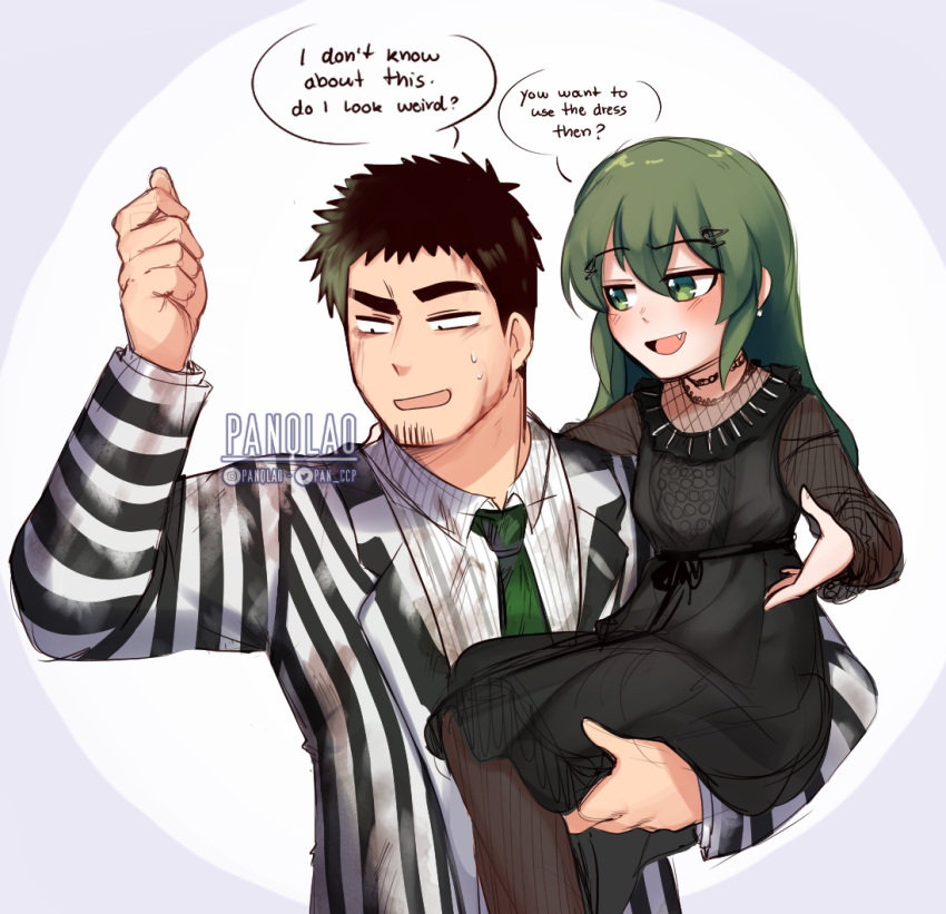 1boy, 1girl, artist_name, bangs, beard, beetlejuice, beetlejuice_(musical), betelgeuse_(beetlejuice)