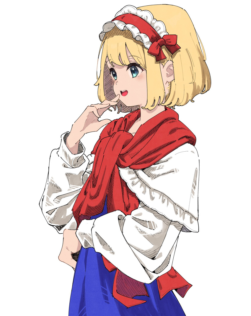 1girl, alice_margatroid, ascot, blonde_hair, blue_dress, blue_eyes, capelet, commentary_request