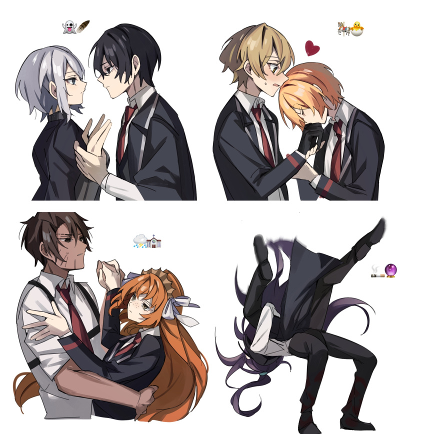 4boys, 4girls, black_coat, black_eyes, black_gloves, black_hair, black_jacket, black_shirt, black_vest, blonde_hair, blush, brown_eyes, brown_hair, brown_hairband, closed_mouth, coat, collared_shirt, commentary_request, dancing, dark-skinned_male, dark_skin, don_quixote_(limbus_company), emoji, faust_(limbus_company), freckles, german_suplex, gloves, green_eyes, grey_eyes, hair_ribbon, hairband, heart, heathcliff_(limbus_company), highres, hong_lu, ishmael_(limbus_company), jacket, kiss, kissing_hand, limbus_company, long_hair, long_sleeves, mu46016419, multiple_boys, multiple_girls, necktie, orange_hair, project_moon, purple_hair, red_necktie, ribbon, ryoshu, shirt, short_hair, short_sleeves, simple_background, sinclair_(limbus_company), suplex, suspenders, sweat, vest, white_background, white_hair, white_ribbon, white_shirt, yellow_eyes, yi-sang_(limbus_company)