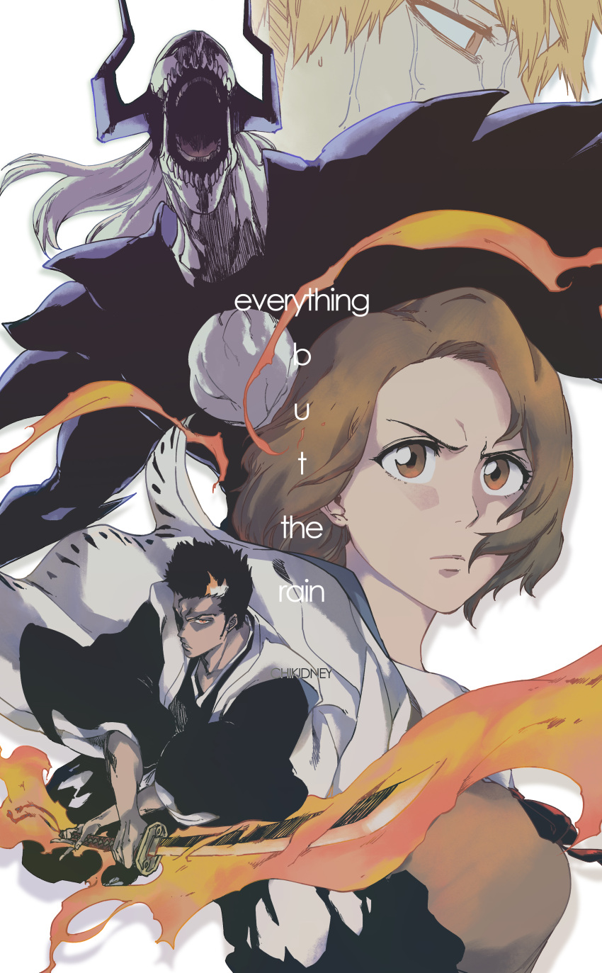 1girl, 2boys, absurdres, artist_name, black_hair, black_kimono, bleach, bleach:_the_thousand-year_blood_war