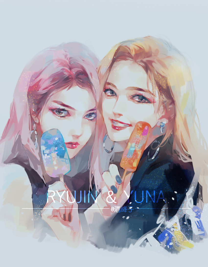 2girls, black_eyes, black_jacket, black_shirt, blonde_hair, blue_nails, character_name, earrings