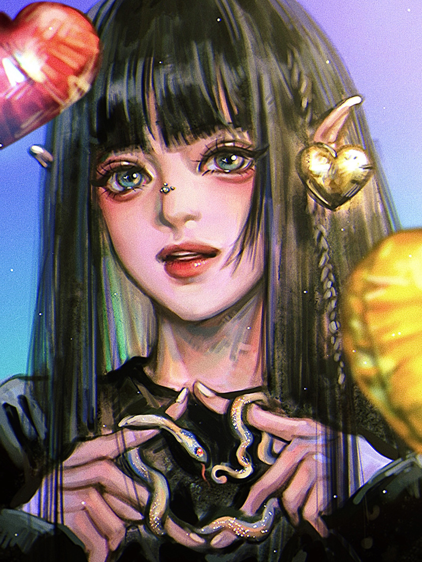 1girl, bangs, black_hair, black_shirt, blue_background, blue_eyes, blunt_bangs, colored_inner_hair