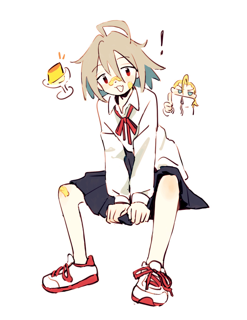 !, 2girls, :3, ahoge, aqua_eyes, arm_support, bandaid, bandaid_on_cheek, bandaid_on_face, bandaid_on_knee, bandaid_on_leg, bandaid_on_nose, bangs, black_skirt, blonde_hair, blue_eyes, chibi, chibi_inset, clenched_hands, collared_shirt, covered_mouth, dated_commentary, do_it_yourself!!, dot_nose, fang, food, foreshortening, full_body, grey_hair, hair_between_eyes, hair_slicked_back, hair_strand, hand_up, high_collar, highres, iwashi_iwashimo, jitome, juliet_queen_elizabeth_viii, leaning_forward, long_bangs, long_sleeves, looking_at_viewer, multiple_girls, neck_ribbon, no_socks, notice_lines, open_mouth, pleated_skirt, pudding, puffy_long_sleeves, puffy_sleeves, red_eyes, red_ribbon, ribbon, school_uniform, shirt, shirt_partially_tucked_in, shoelaces, shoes, short_hair, simple_background, skin_fang, skirt, sneakers, thumbs_up, upper_body, v-shaped_eyebrows, white_background, white_footwear, white_shirt, wing_collar, yua_serufu, zipper, zipper_pull_tab