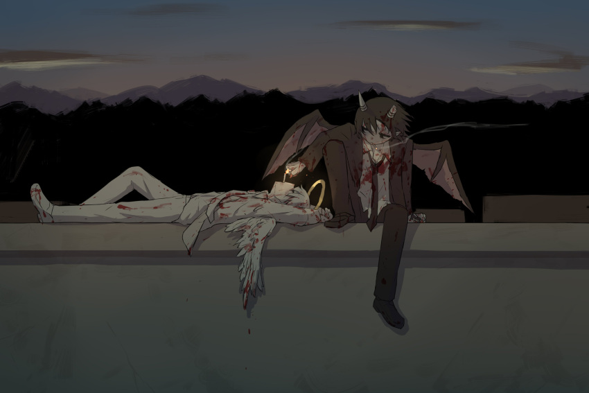 2boys, absurdres, angel, angel_and_devil, angel_wings, arms_up, avogado6, bangs