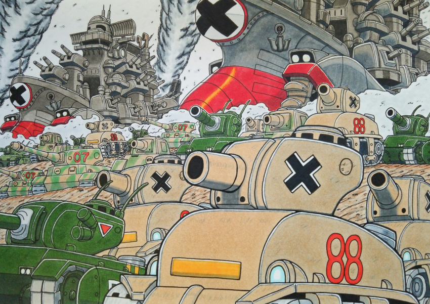 absurdres, anchor, army, big_shiee, camouflage, cannon, caterpillar_tracks, cross, di-cokka, ground_vehicle, highres, iron_iso, metal_slug, military, military_vehicle, motor_vehicle, nishigame, no_humans, numbered, outdoors, smoke, tank, tank_focus, traditional_media, vehicle_focus