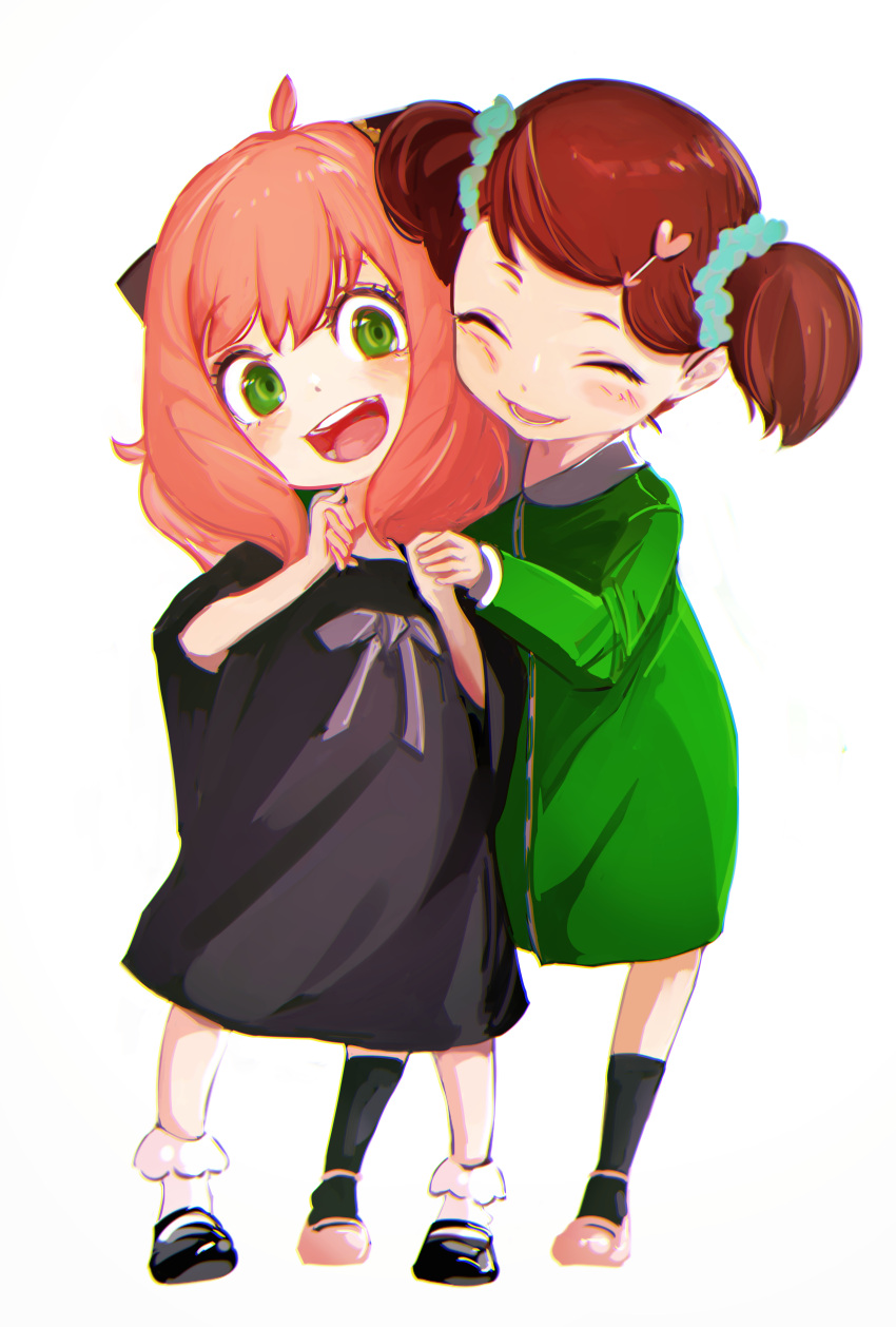 2girls, absurdres, anya_(spy_x_family), bangs, becky_blackbell, black_dress, black_hair, blush, closed_eyes, dress, female_child, green_dress, green_eyes, hair_between_eyes, higemu, highres, looking_at_viewer, multiple_girls, open_mouth, pink_hair, shoes, smile, socks, spy_x_family, teeth, white_background