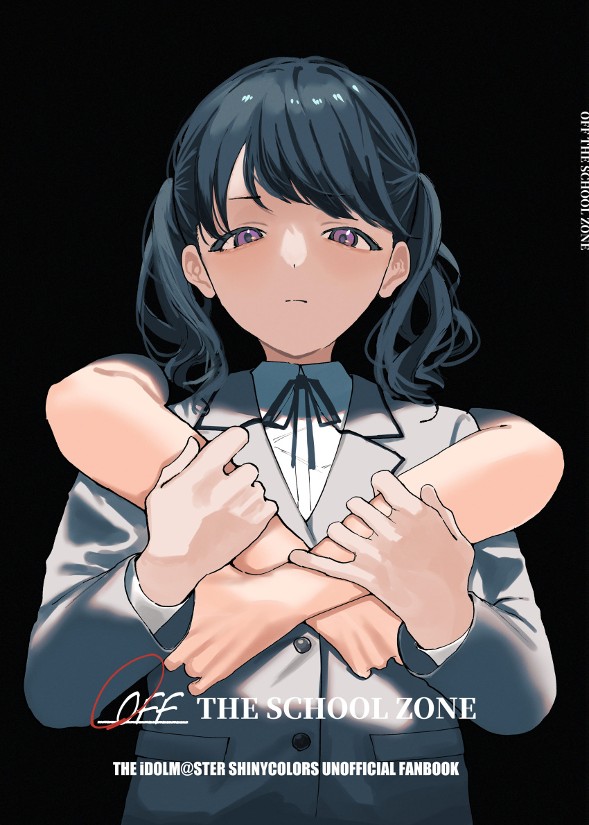 1girl, absurdres, bangs, black_background, black_hair, black_ribbon, blazer, commentary_request, fukumaru_koito, grey_jacket, highres, hug, hug_from_behind, idolmaster, idolmaster_shiny_colors, jacket, long_sleeves, medium_hair, neck_ribbon, ribbon, school_uniform, shirt, solo, sumibii, swept_bangs, twintails, upper_body, violet_eyes, white_shirt