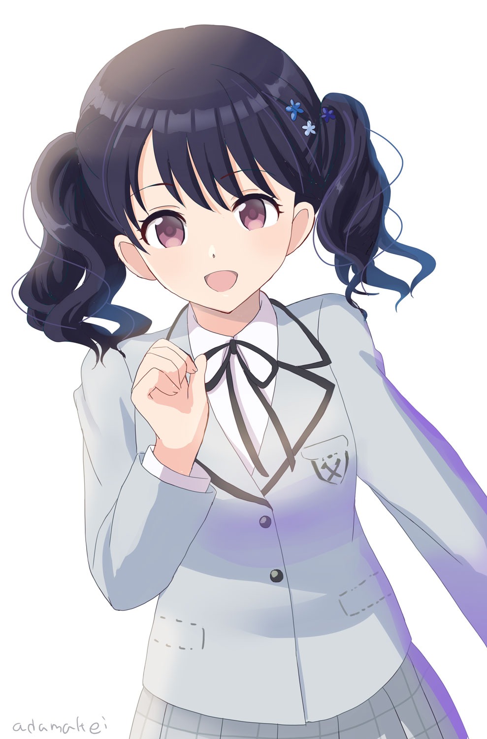 1girl, azuma_kei, black_hair, blazer, commentary_request, flower, fukumaru_koito, grey_jacket, grey_skirt, hair_flower, hair_ornament, highres, idolmaster, idolmaster_shiny_colors, jacket, neck_ribbon, plaid, plaid_skirt, pleated_skirt, ribbon, school_uniform, shirt, skirt, solo, twintails, violet_eyes, white_background, white_shirt