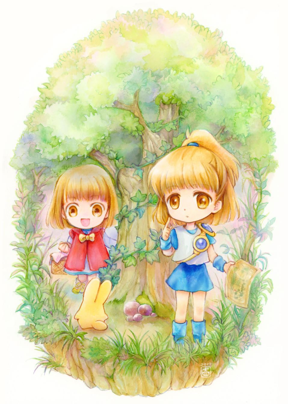 1other, 2girls, arle_nadja, blue_flower, blue_skirt, brown_hair, carbuncle_(puyopuyo), chibi, flower, highres, holding, holding_map, kurohamu, looking_at_another, madou_monogatari, map, multiple_girls, open_mouth, ponytail, puyopuyo, short_hair, skirt, smile, time_paradox, tree, yellow_eyes