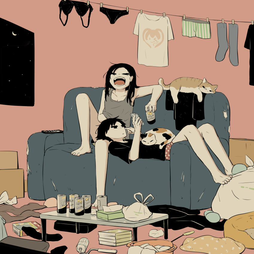 1boy, 1girl, absurdres, animal, animal_ears, arm_up, avogado6, bag, bangs, bare_shoulders, barefoot, black_bra, black_eyes, black_fur, black_hair, black_panties, black_shirt, black_sky, black_socks, book, bottle, box, bra, brown_fur, can, cat, cat_ears, cat_tail, cellphone, closed_eyes, closed_mouth, collarbone, commentary_request, couch, crescent_moon, drink, floor, freckles, green_shorts, grey_shirt, grey_socks, hands_up, heart, heart_print, highres, holding, holding_can, holding_phone, indoors, kneehighs, long_hair, looking_at_another, looking_to_the_side, lying, lying_on_person, mole, mole_under_mouth, moon, multicolored_fur, night, night_sky, no_mouth, on_back, on_stomach, open_mouth, original, panties, paper, phone, polka_dot, polka_dot_shorts, red_shorts, saucepan, shirt, short_hair, short_sleeves, shorts, sky, sleeping, sleeveless, sleeveless_shirt, smartphone, socks, soda, soda_can, star_(sky), starry_sky, striped, striped_shorts, t-shirt, table, tail, tears, teeth, tissue, tissue_box, tongue, trash_bag, two-tone_fur, underwear, wall, white_fur, white_shirt, white_shorts, yawning