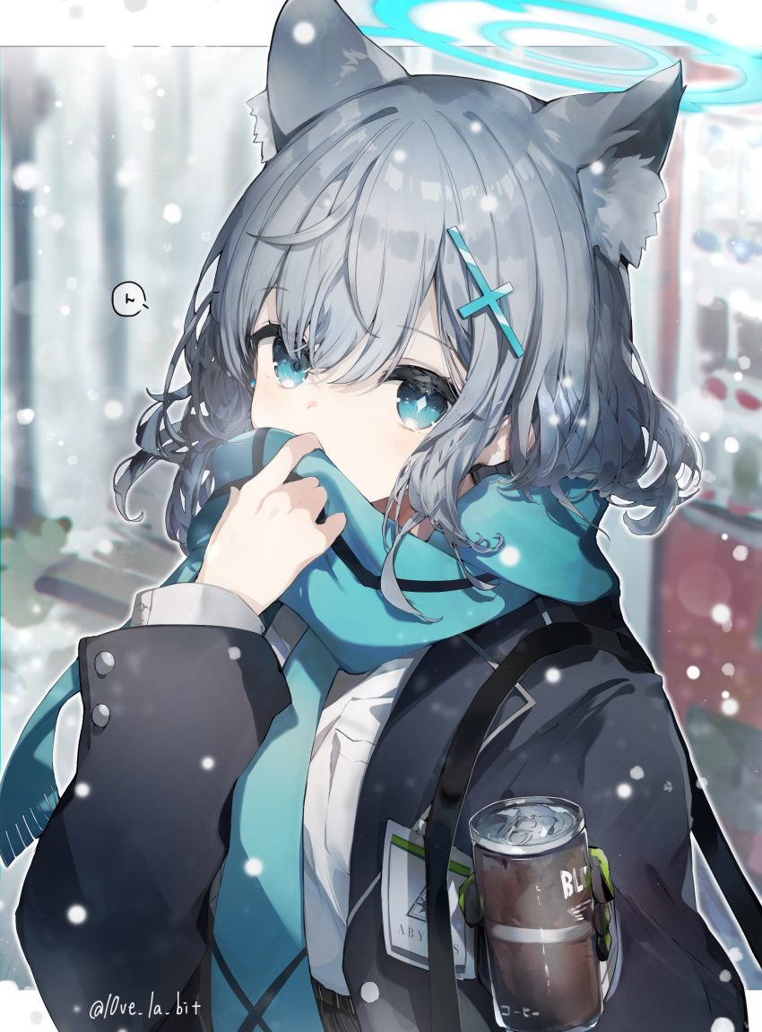 1girl, absurdres, animal_ear_fluff, animal_ears, bag, bangs, blue_archive, blue_eyes, blue_jacket, blue_necktie, blue_scarf, blurry, blurry_background, breast_pocket, card_holster, commentary, covering_mouth, cross_hair_ornament, extra_ears, gloves, green_gloves, grey_hair, hair_ornament, halo, high-waist_skirt, highres, jacket, l0ve_la_bit, letterboxed, long_sleeves, looking_at_viewer, medium_hair, mismatched_pupils, necktie, open_clothes, open_jacket, outside_border, plaid, plaid_skirt, pocket, scarf, scarf_over_mouth, school_bag, school_uniform, shiroko_(blue_archive), shirt, shirt_tucked_in, shoulder_bag, sidelocks, single_glove, skirt, snow, solo, speech_bubble, striped, striped_scarf, twitter_username, upper_body, white_shirt, wolf_ears