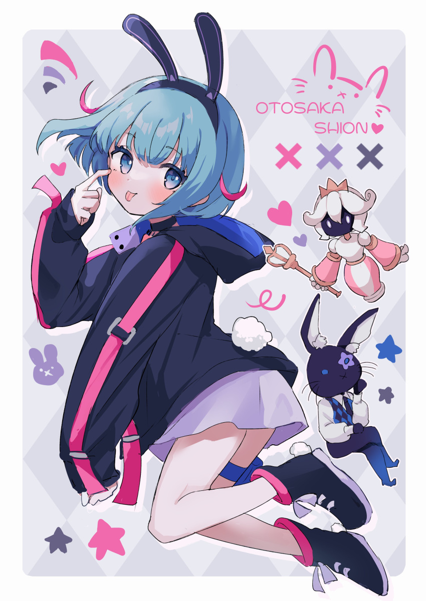 absurdres, animal_ears, bangs, bare_legs, black_footwear, black_headwear, black_jacket, blue_eyes, blue_hair, blush, cardigan, choker, crown, highres, holster, jacket, karunabaru, otosaka_shion_(shadowverse_flame), pants, pink_hair, rabbit_ears, scepter, shadowverse, shadowverse_(anime), shadowverse_flame, shirt, thigh_holster, white_hair