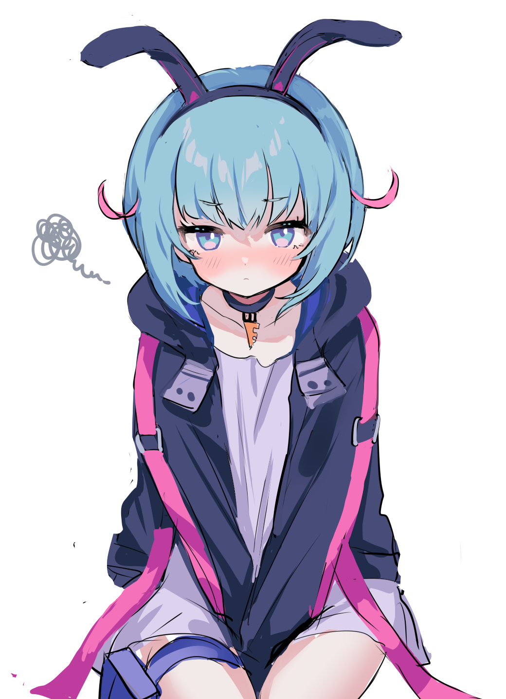bangs, black_choker, black_headwear, black_jacket, blue_eyes, blue_hair, blush, choker