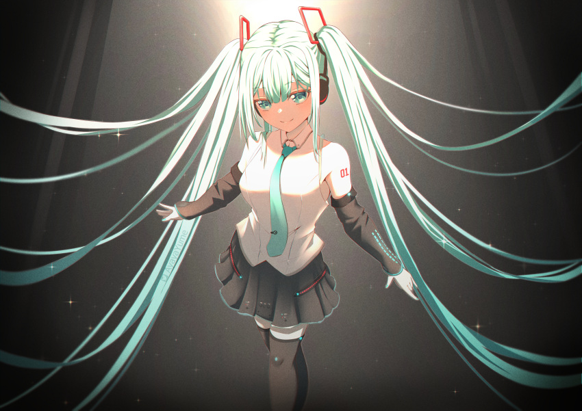 1girl, absurdres, aqua_eyes, aqua_hair, aqua_nails, aqua_necktie, backlighting, bare_shoulders, black_background, black_skirt, black_sleeves, black_thighhighs, commentary, detached_sleeves, floating_hair, from_above, hair_ornament, hatsune_miku, hatsune_miku_(vocaloid4), headphones, highres, long_hair, looking_at_viewer, miniskirt, nail_polish, necktie, pleated_skirt, shirt, shoulder_tattoo, sinyamato96, skirt, sleeveless, sleeveless_shirt, smile, solo, sparkle, spotlight, symbol-only_commentary, tattoo, thigh-highs, twintails, v4x, very_long_hair, vocaloid, white_shirt, zettai_ryouiki