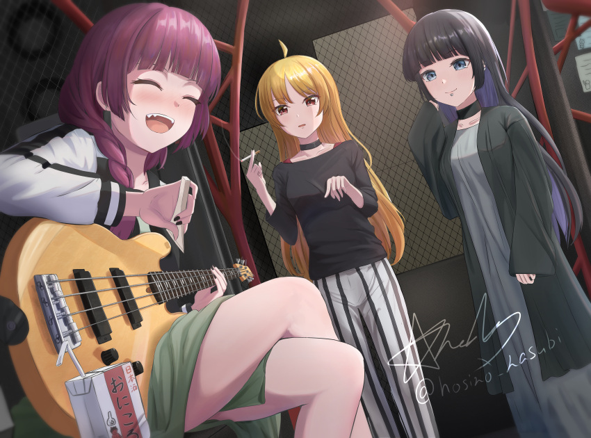 3girls, ^_^, ^o^, absurdres, ahoge, aqua_eyes, artist_name, bangs, bass_guitar, black_choker, black_hair, black_nails, black_shirt, blonde_hair, blunt_bangs, blush, bocchi_the_rock!, braid, choker, cigarette, closed_eyes, closed_mouth, colored_inner_hair, crossed_legs, dress, drinking_straw, green_dress, grey_dress, hair_over_shoulder, happy, highres, hime_cut, hiroi_kikuri, holding, holding_cigarette, hoshino_nasubi, ijichi_seika, indoors, instrument, jacket, lip_piercing, long_dress, long_hair, long_sleeves, looking_at_another, medium_dress, multicolored_clothes, multicolored_hair, multicolored_jacket, multiple_girls, nail_polish, open_mouth, pa-san, parted_bangs, parted_lips, piercing, purple_hair, sake_carton, shirt, signature, single_braid, sitting, sleeves_past_elbows, sleeves_past_wrists, smile, smoking, standing, teeth, two-tone_jacket