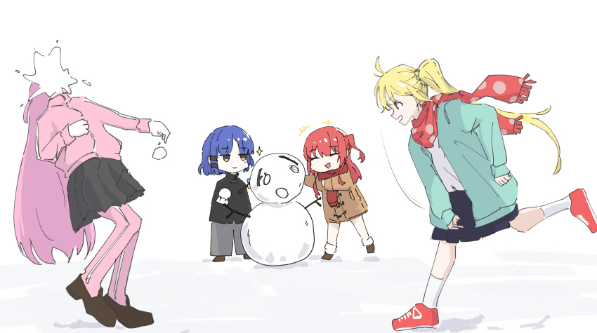 4girls, 6_9, absurdres, blonde_hair, blue_hair, bocchi_the_rock!, closed_eyes, dorarin, gotou_hitori, highres, ijichi_nijika, jacket, jitome, kita_ikuyo, long_hair, multiple_girls, one_side_up, pants, pants_under_skirt, pink_hair, redhead, scarf, school_uniform, side_ponytail, snow, snowball, snowball_fight, snowman, track_jacket, track_pants, track_suit, white_background, yamada_ryou, yellow_eyes