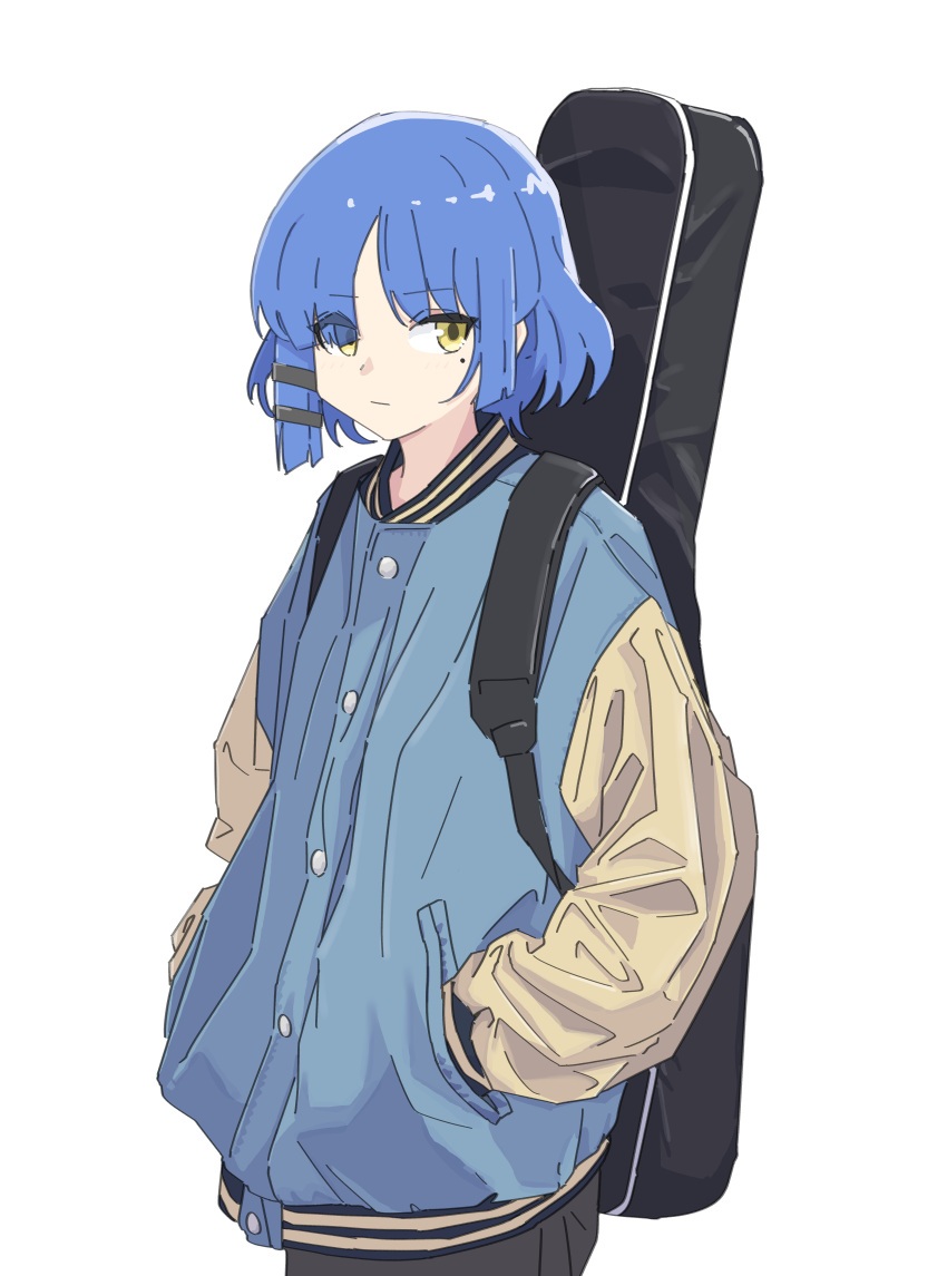 1girl, absurdres, blue_hair, bocchi_the_rock!, dorarin, guitar_case, hands_in_pockets, highres, instrument_case, jacket, letterman_jacket, mole, mole_under_eye, short_hair, solo, upper_body, white_background, yamada_ryou, yellow_eyes
