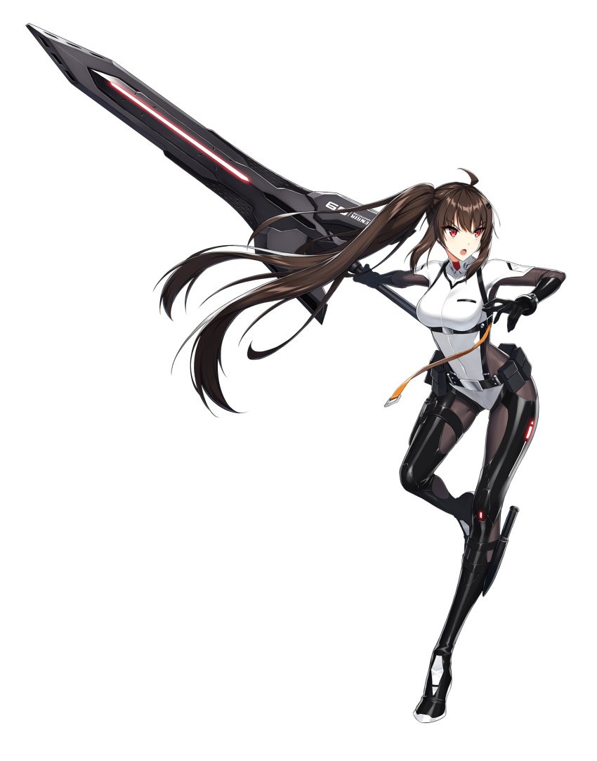 1girl, bodysuit, brown_hair, counter:side, full_body, greatsword, highres, holding